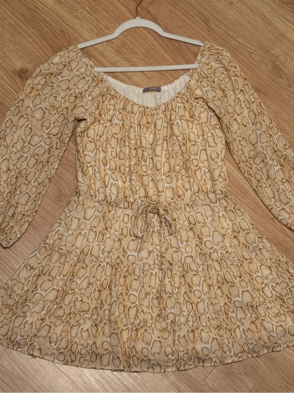 TART Off-Shoulder Cream Snake-Print Mini Dress. Easy goes to size M also